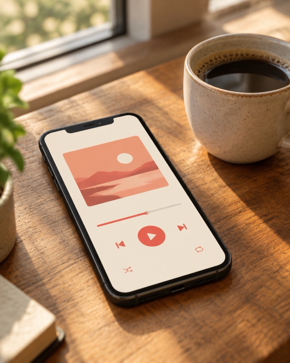 Celular sobre a mesa tocando uma música